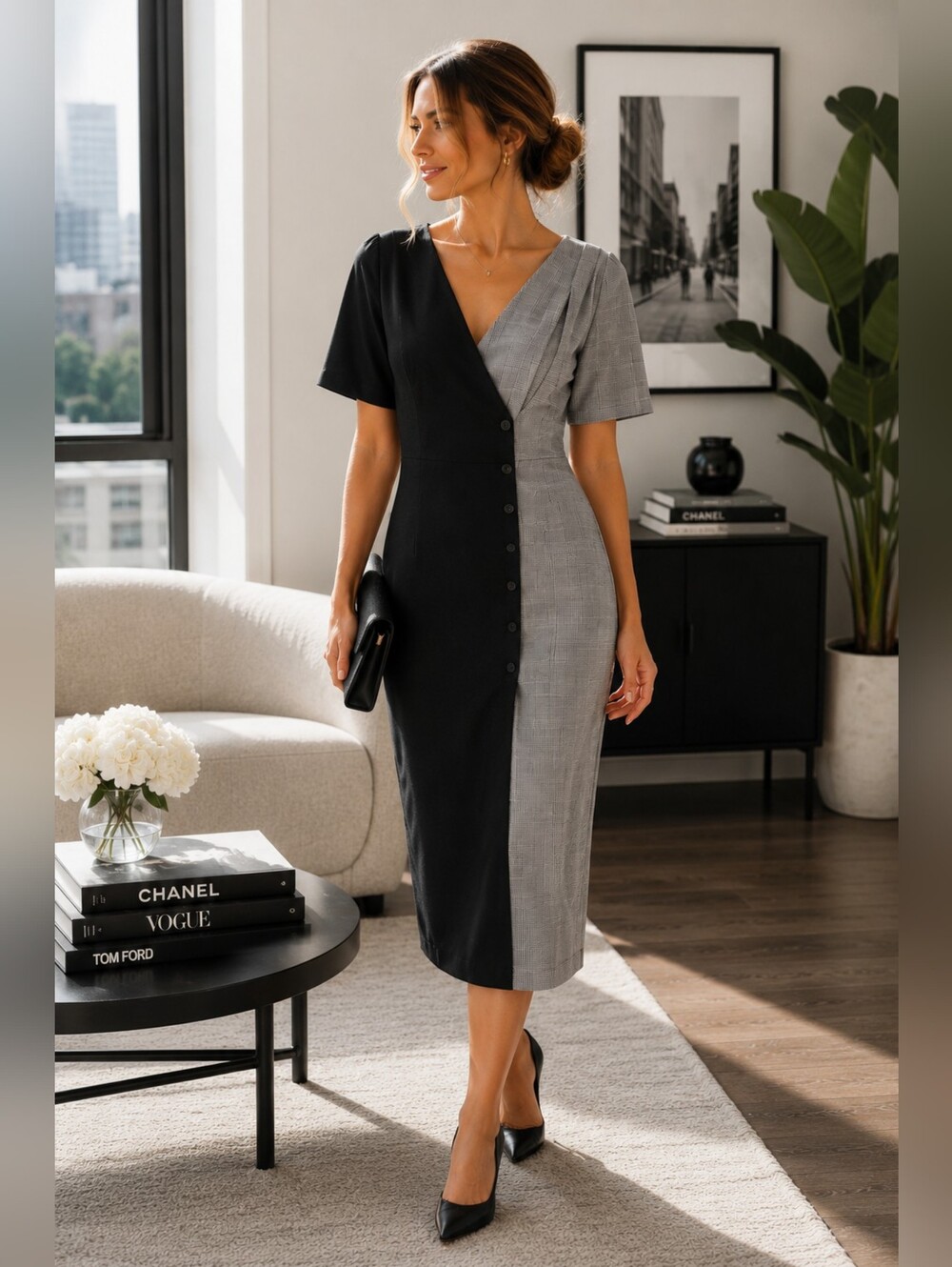 Fame & Partners Everly Button Front Black‎ & Plaid Midi Dress Size 6
